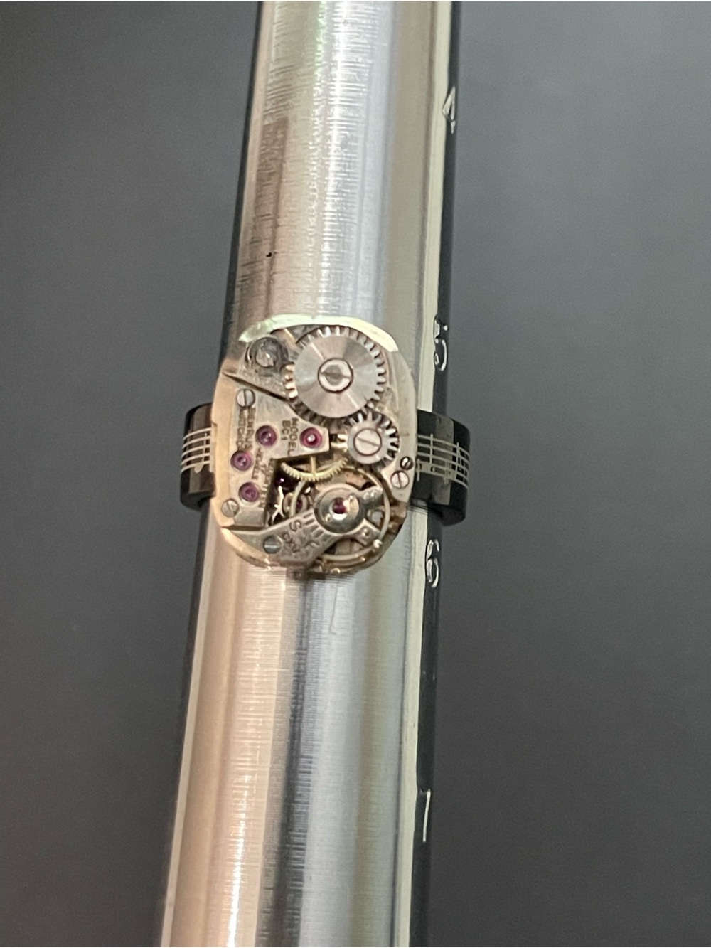 Steampunk Mechanical Watch Movement Ring in Silver on Black Band